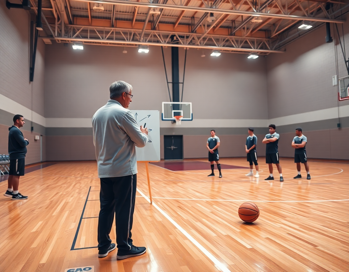 Coach plans weekly drills in a bright basketball gym, illustrating best app for basketball plays on a tablet.