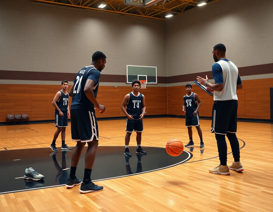 Close-up of a basketball drill as the coach uses a tactics board, highlighting best apps for coaches.