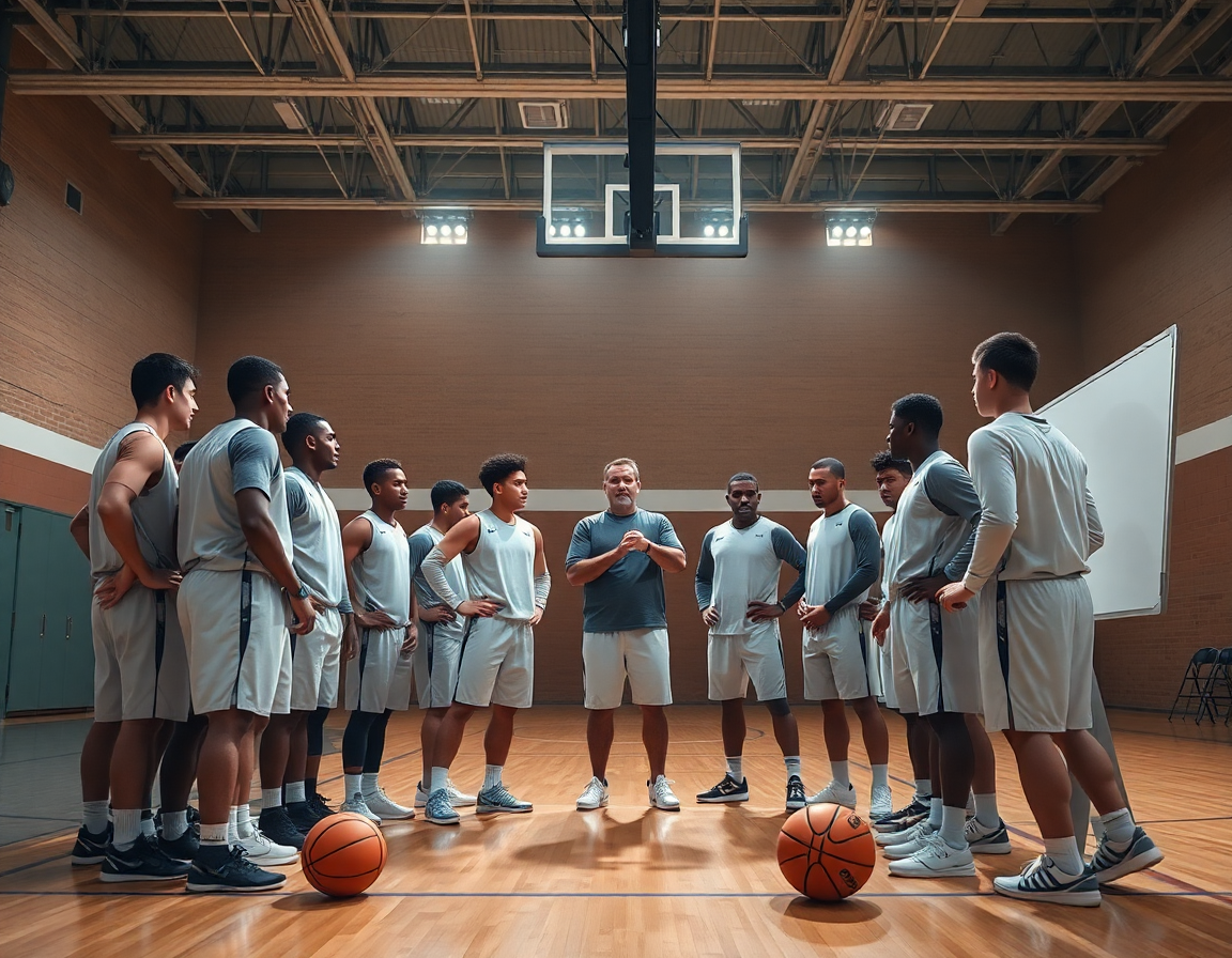 Wide view of a team huddle as players discuss a basketball play beside the court with a coach.