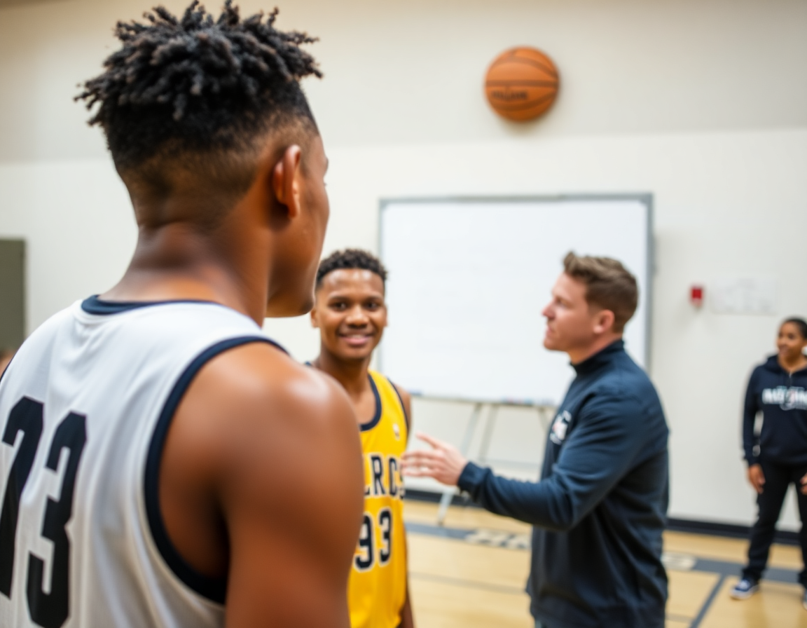 Close-up on two basketball players setting a screen as the coach points to a basketball whiteboard.