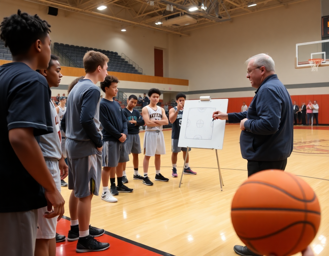 Coach draws plays at half-court as players listen, showcasing the best basketball coaching app in action.