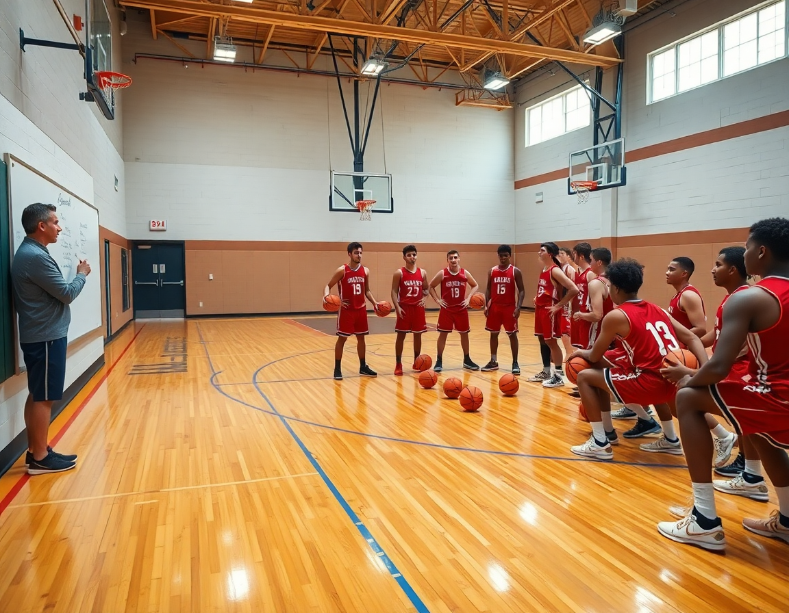 Coach outlines weekly drill priorities on a whiteboard as players drill best basketball drills for high school.