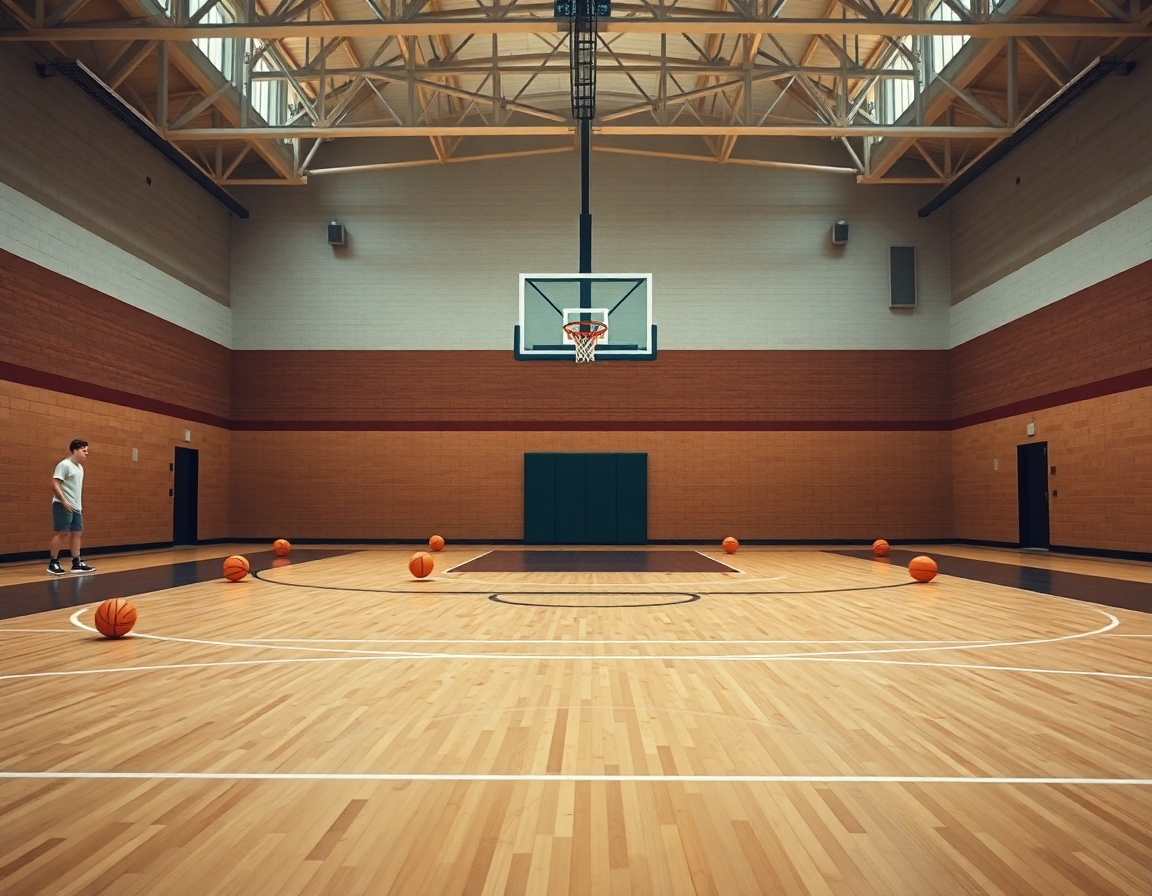 Center court shows core basketball drills for high school with orange basketballs under a hoop with backboard.
