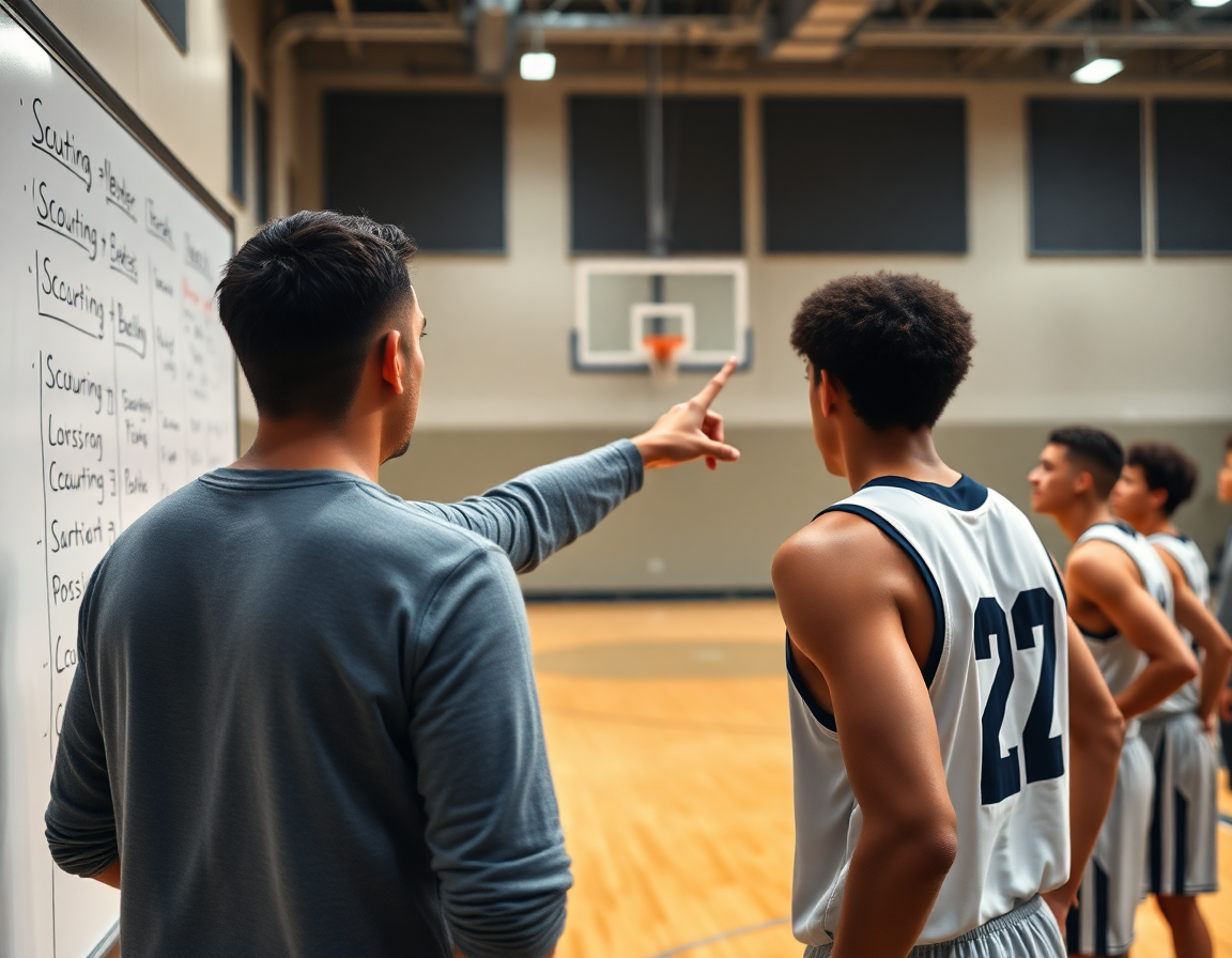 Coach reviews scouting notes on a whiteboard during a tailored basketball drill for high school basketball players.