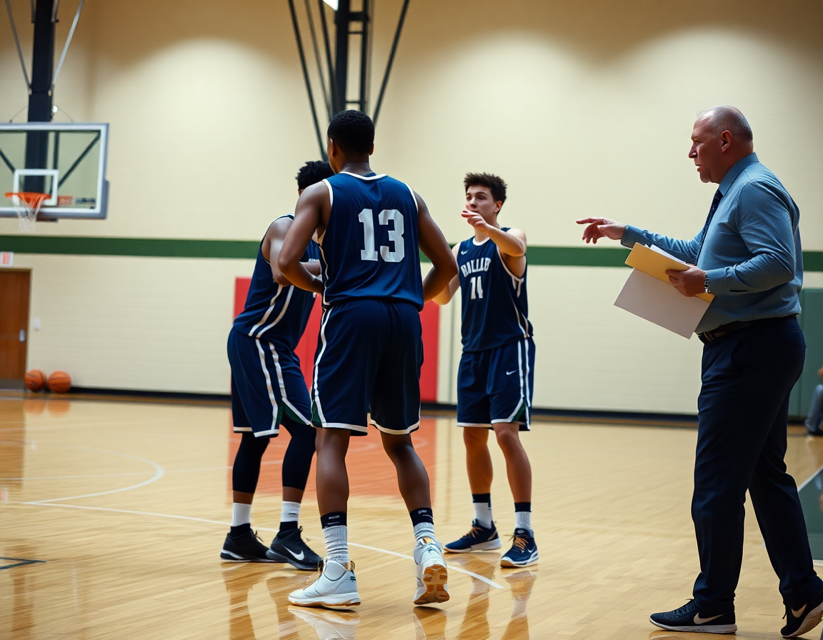 Two players execute a pick near the top of the key as the coach critiques basketball play ideas.