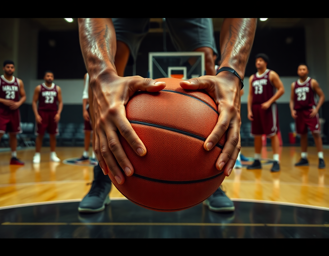 Close-up on a player's hands guiding a basketball through a drill on the court as basketball teammates watch.