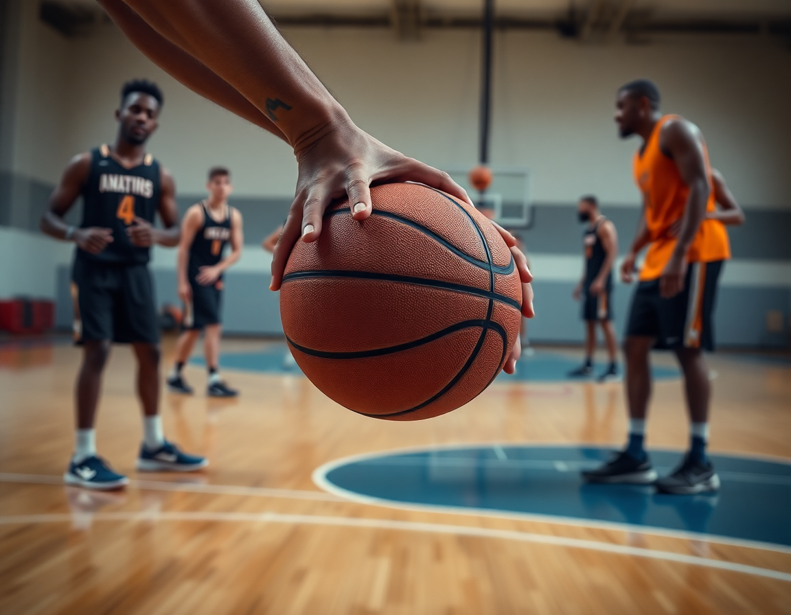 Tight shot of hands guiding a basketball during a drill on the court, basketball players nearby.