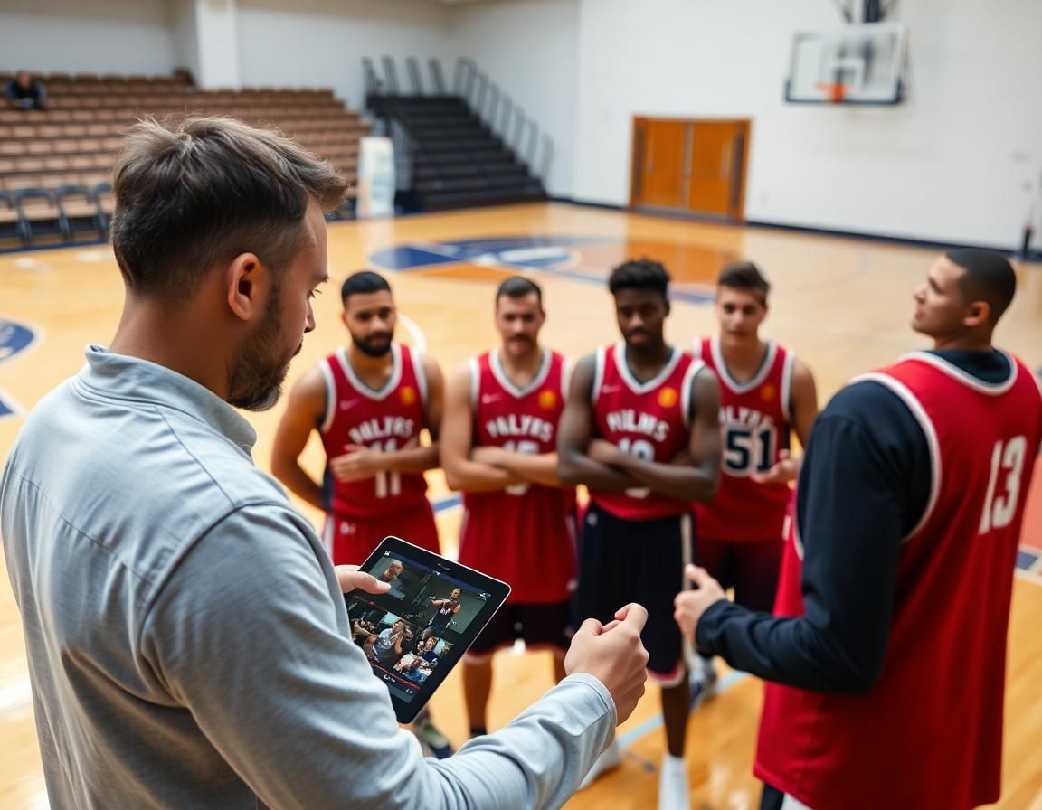 Coach reviews basketball video clips on a tablet beside the hardwood court as basketball players watch.