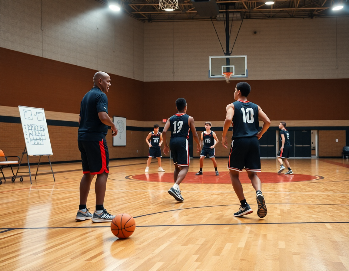 Wide gym shot shows basketball drills guided by best basketball playbook software and a focused coach.