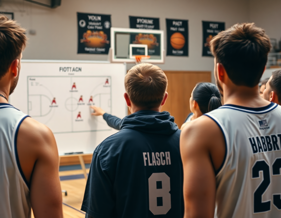 Close-up of a coach at a whiteboard showing a basketball play while players watch the basketball drill.