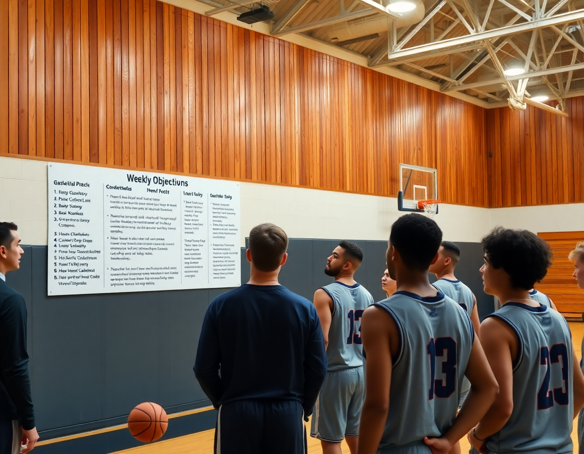 Coach points to wall with weekly objectives in a basketball gym, best basketball playbook guiding.