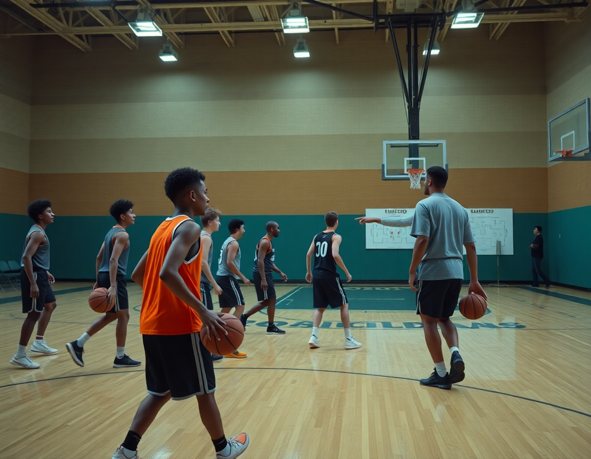 Tight shot of basketball drill, players and coach refining best basketball plays to run.