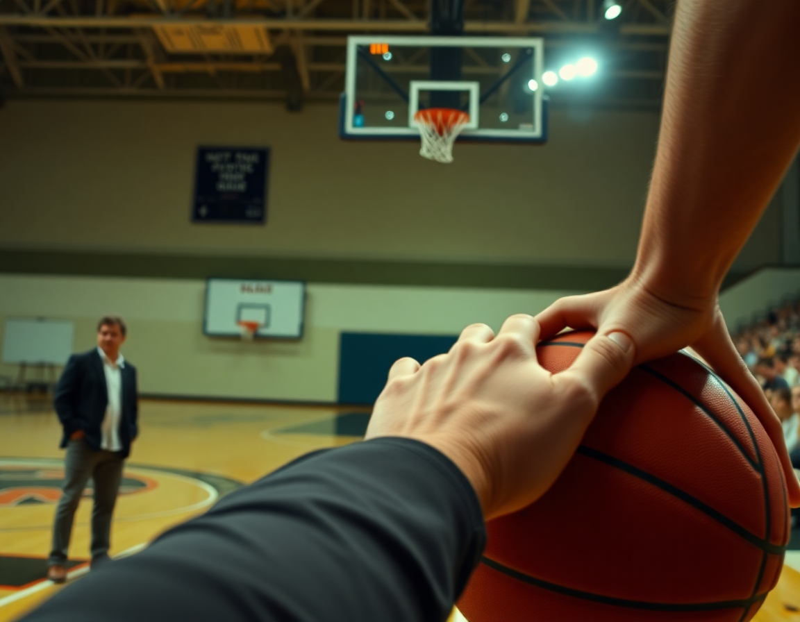 Close-up on basketball in hands as coach explains best basketball plays to run.