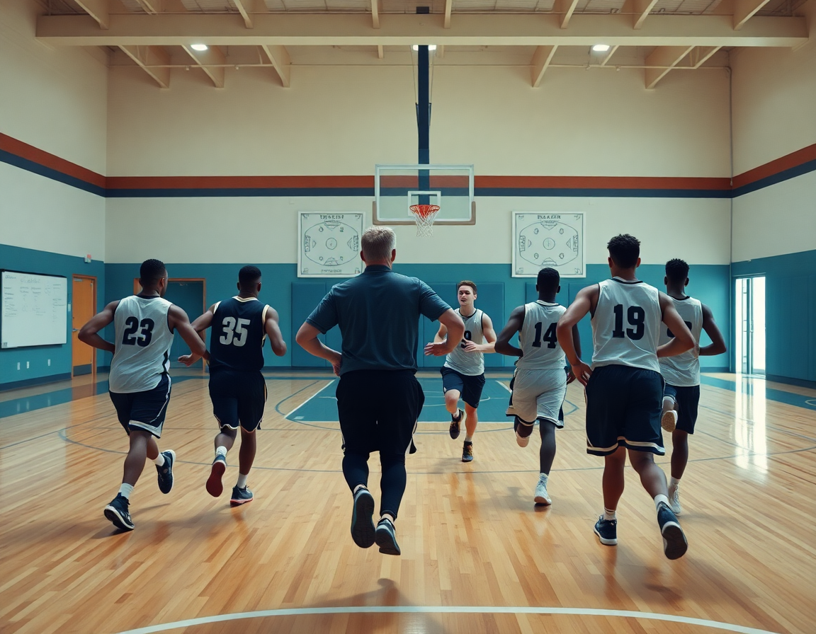 Wide-court basketball drill with five players and coach, whiteboard showing best basketball plays to run.