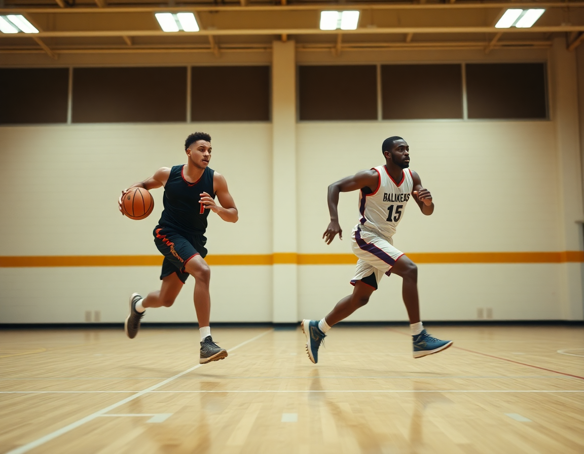 Players running a fast-break drill in practice