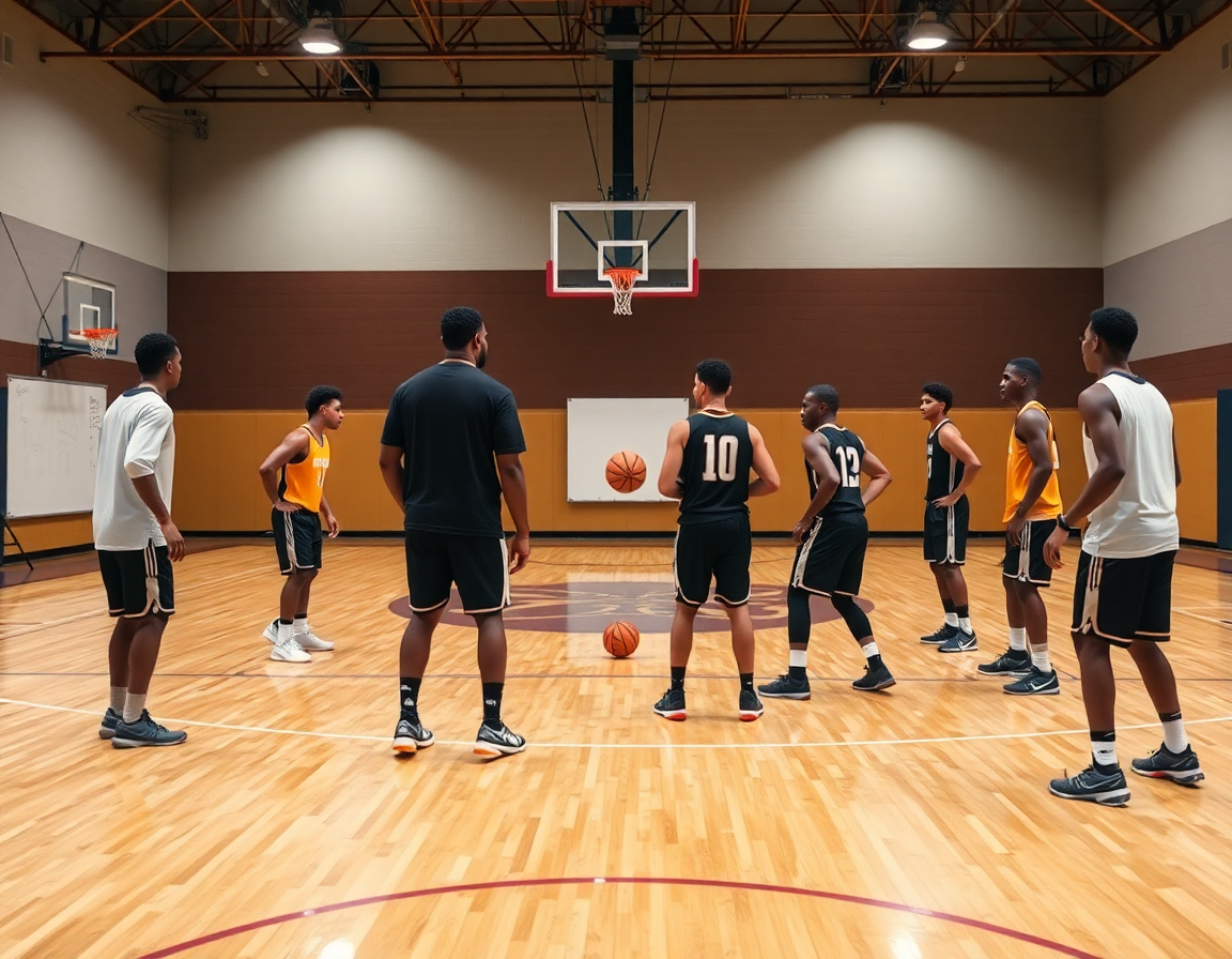 Coach guides the team through the best basketball plays sequence during a full-court drill.