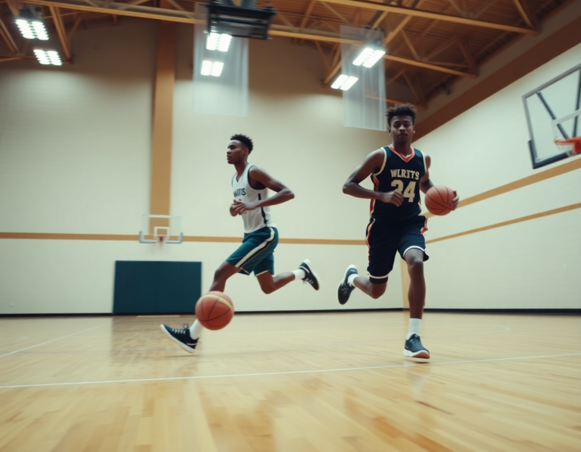 Players running a fast-break drill in practice