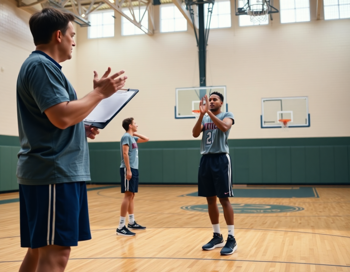 Close-up of form shooting on hardwood basketball court, coach guiding basketball technique.