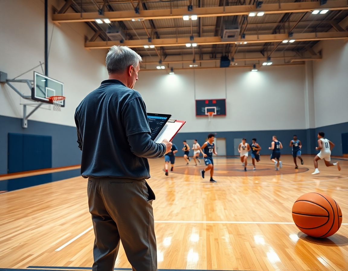 Close-up of hands gripping an orange basketball as the coach points to whiteboard notes, illustrating a basketball drill.