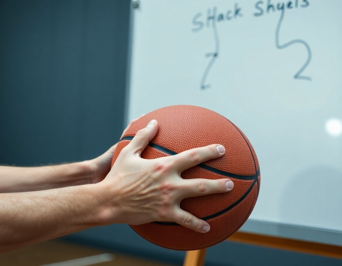 Close-up of hands holding a basketball as the coach taps a whiteboard for a basketball drill.