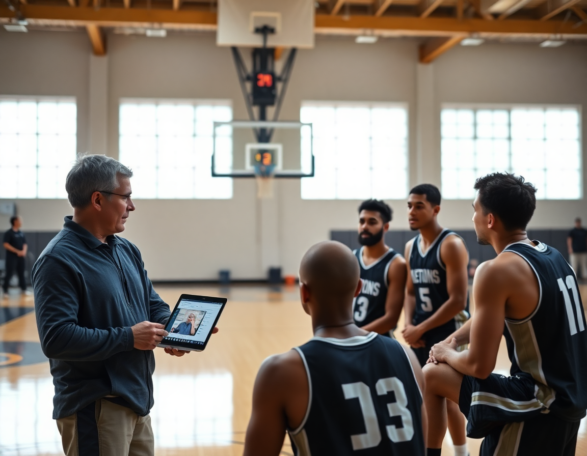 Coach reviews video clips and stats on a laptop, giving basketball feedback to players about basketball performance.