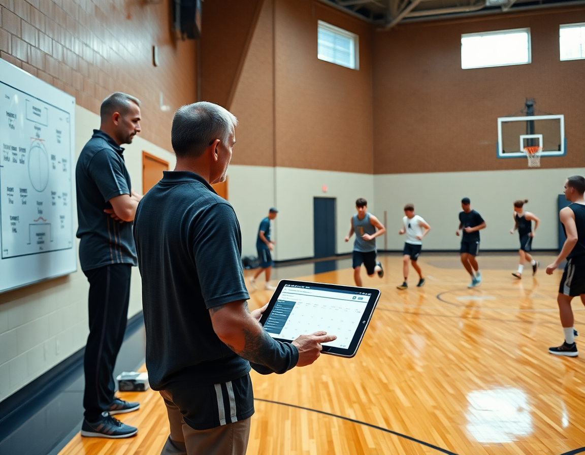 Coach reviews best basketball stats software notes while players drill defense on the hardwood.