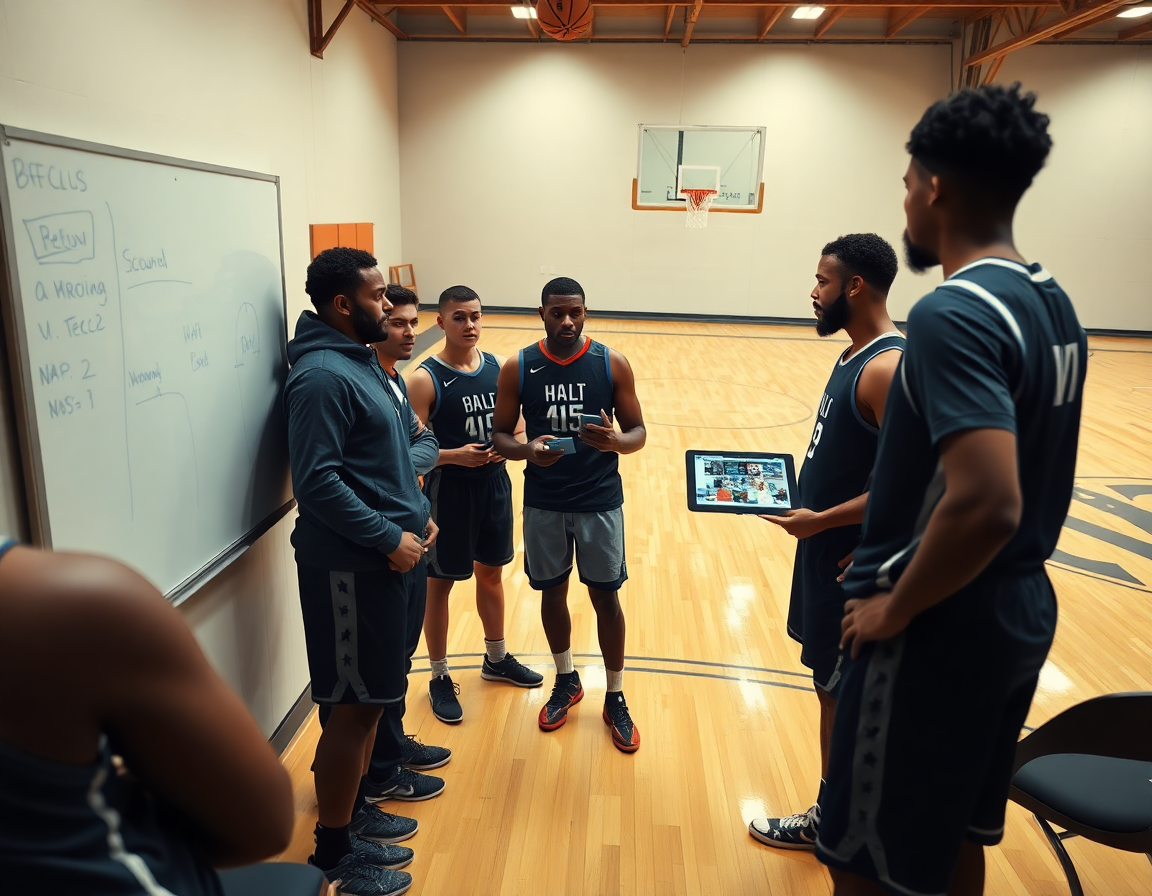 Coach and players huddle around scouting notes, discussing how best basketball stats software informs game prep.