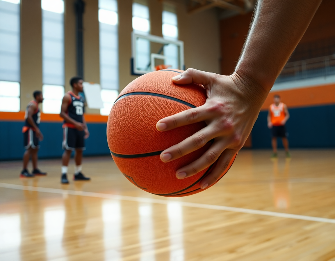 Close-up on hands gripping a basketball during a drill on hardwood court for best basketball team drills.
