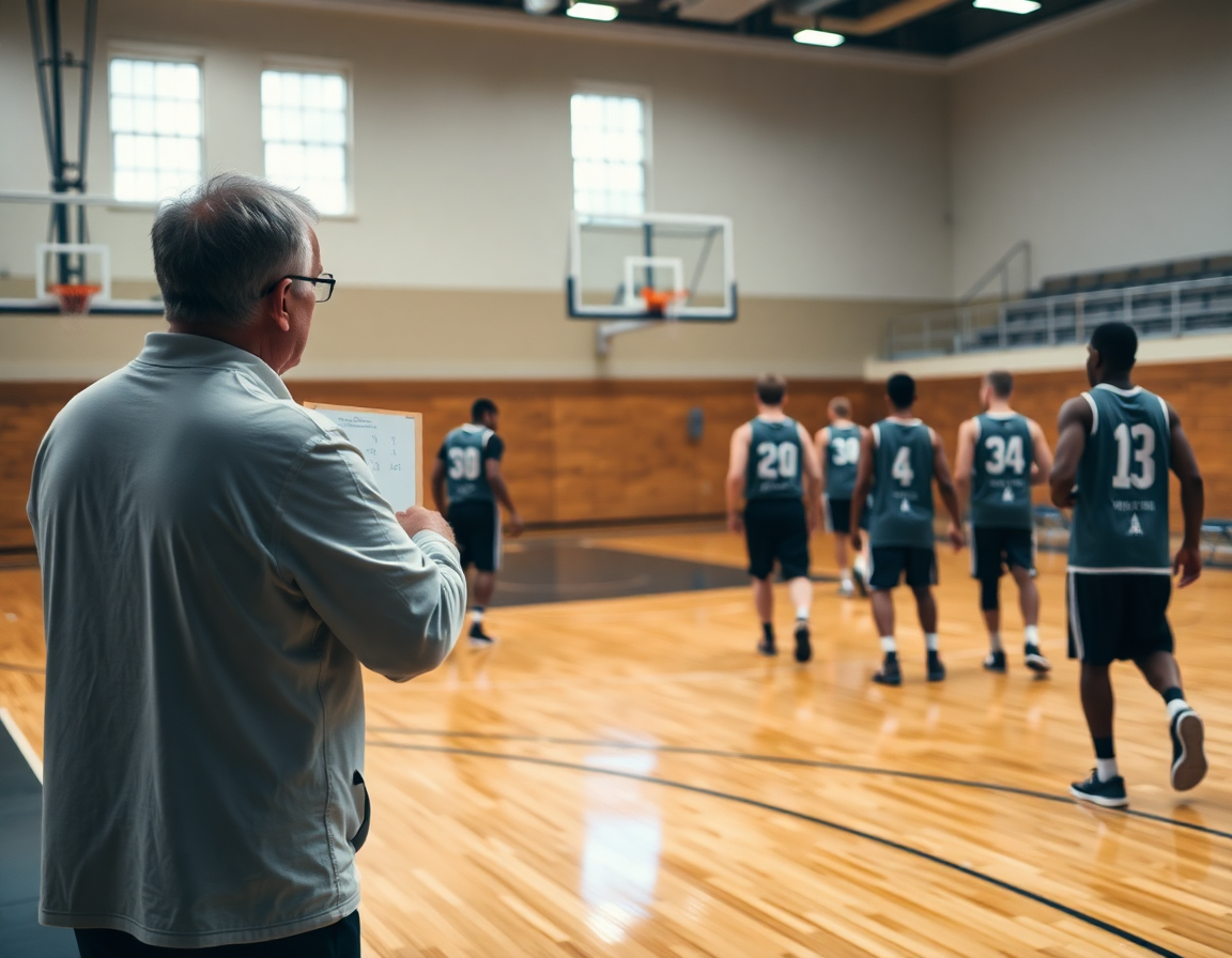 Coach with whiteboard explains spacing and timing for the best basketball team drills.