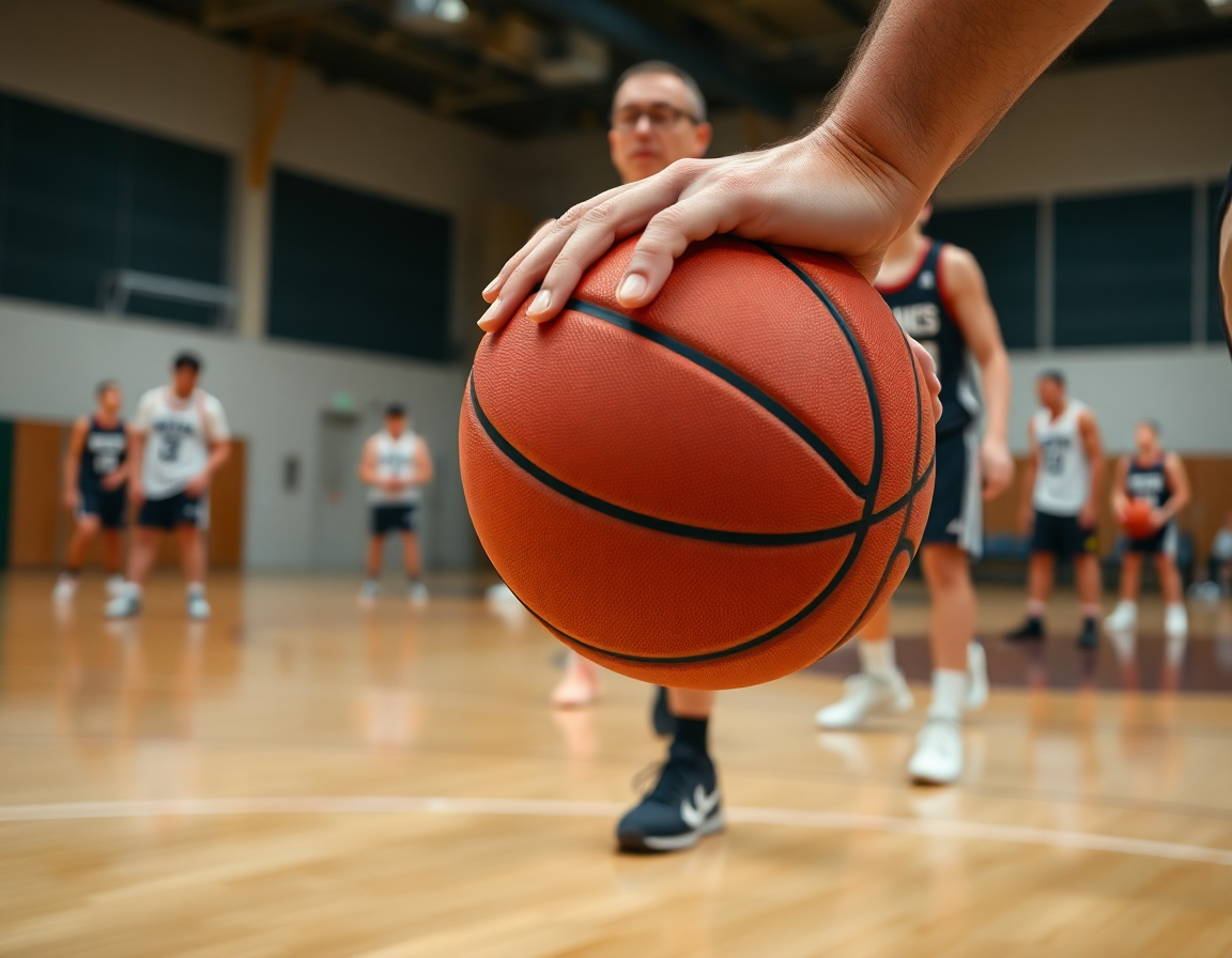 Close-up on a player's hands dribbling a basketball during best basketball team drills on court.
