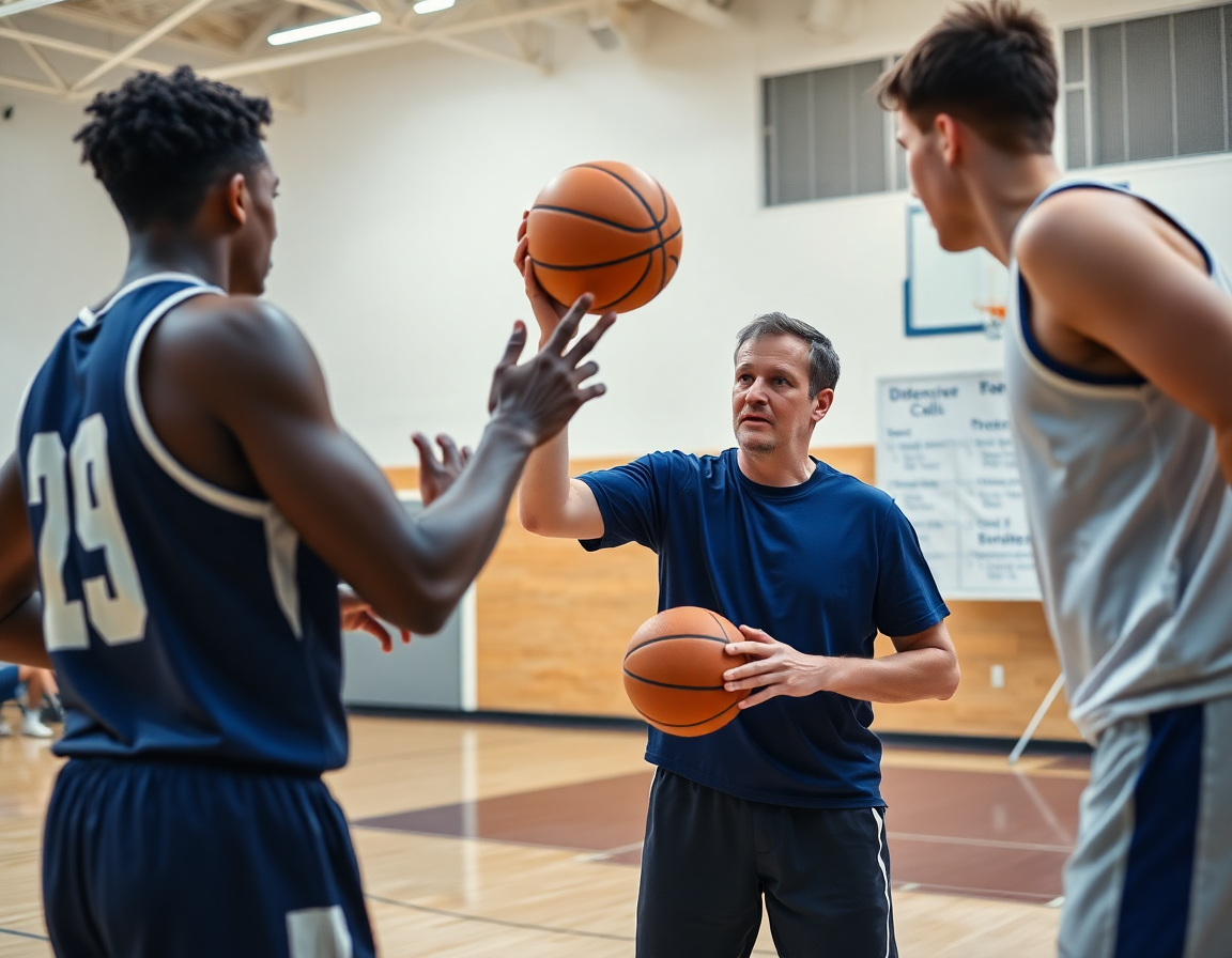 Close-up of basketball players in a defensive drill, coach directing from a basketball whiteboard.