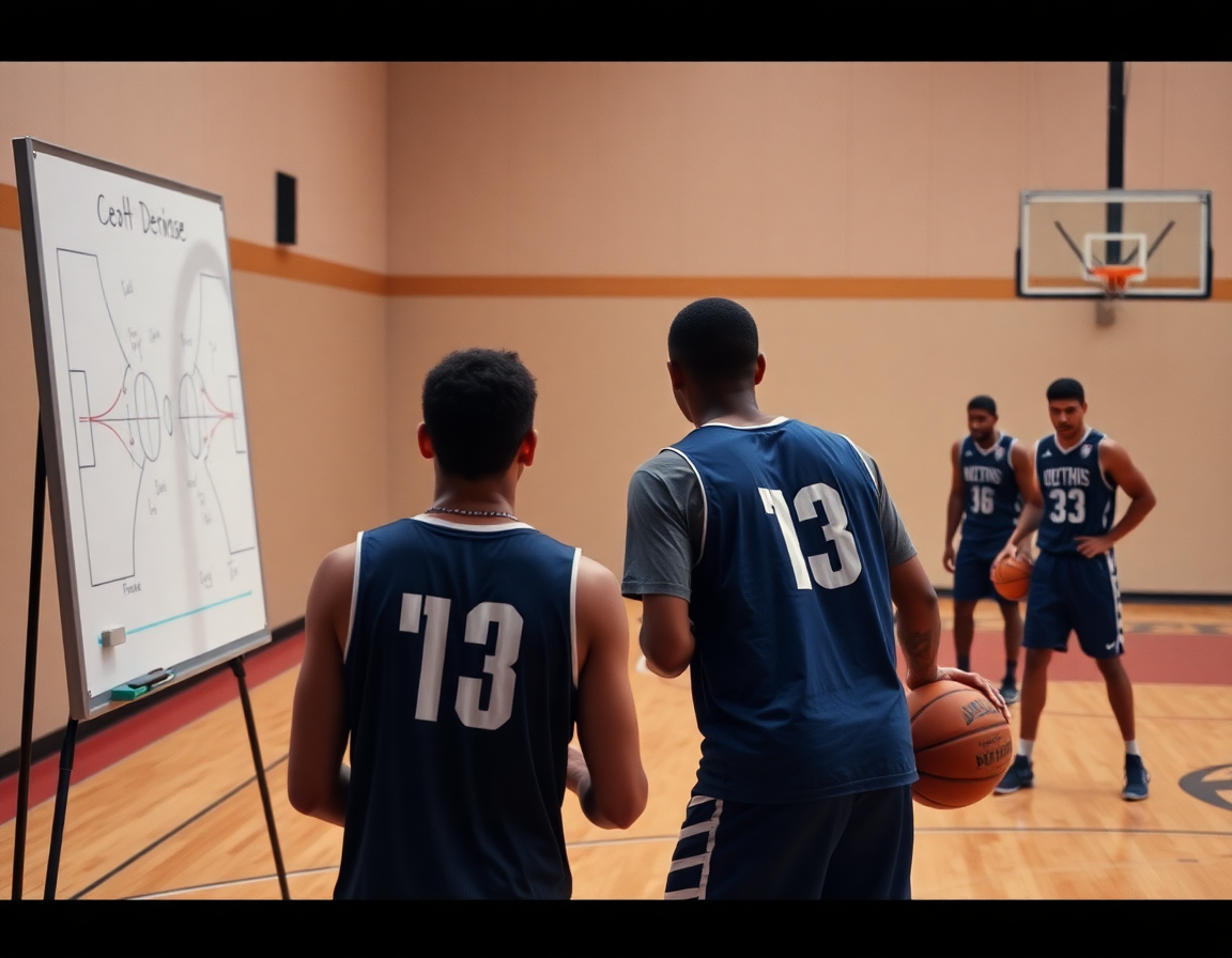 Coach explains defense while a guard dribbles a basketball and rehearses basketball plays.