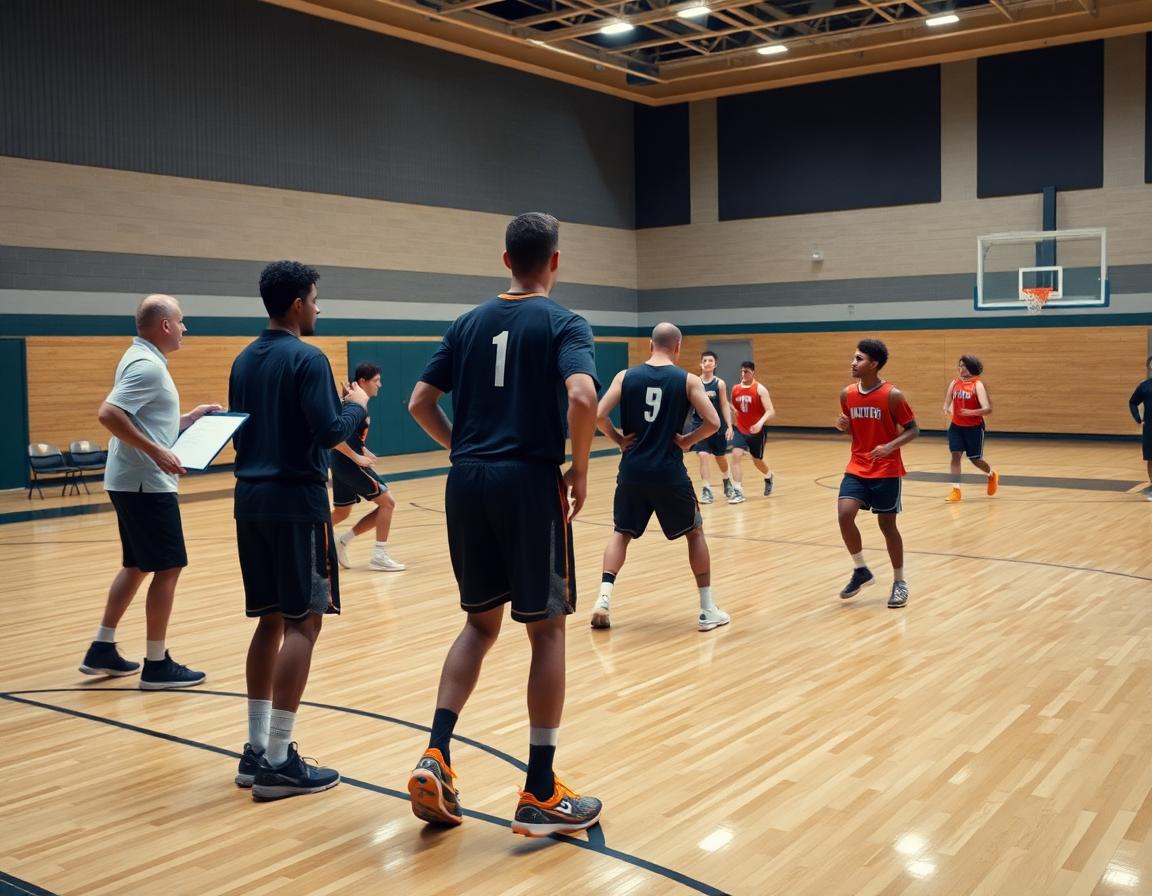 Two teams run a basketball defensive rotation on a hardwood basketball court.