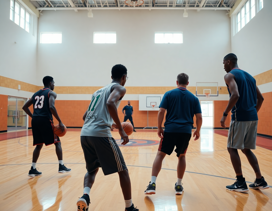 Close-up on hands and basketball during a drill guided by a coach and whiteboard.