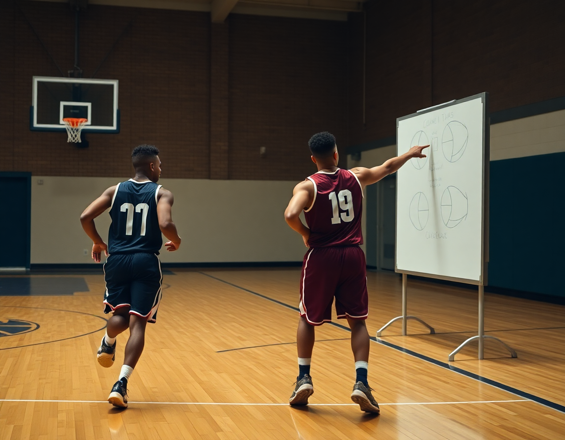 Two players run a basketball drill near the top of the key as the coach points to a whiteboard.