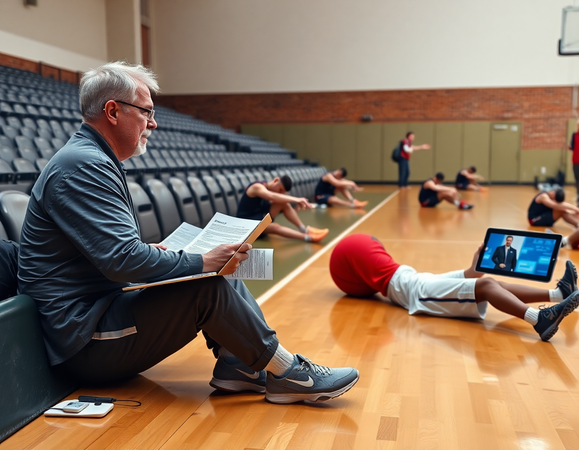 Coach reviews scouting reports on a laptop while players stretch on the hardwood basketball court.