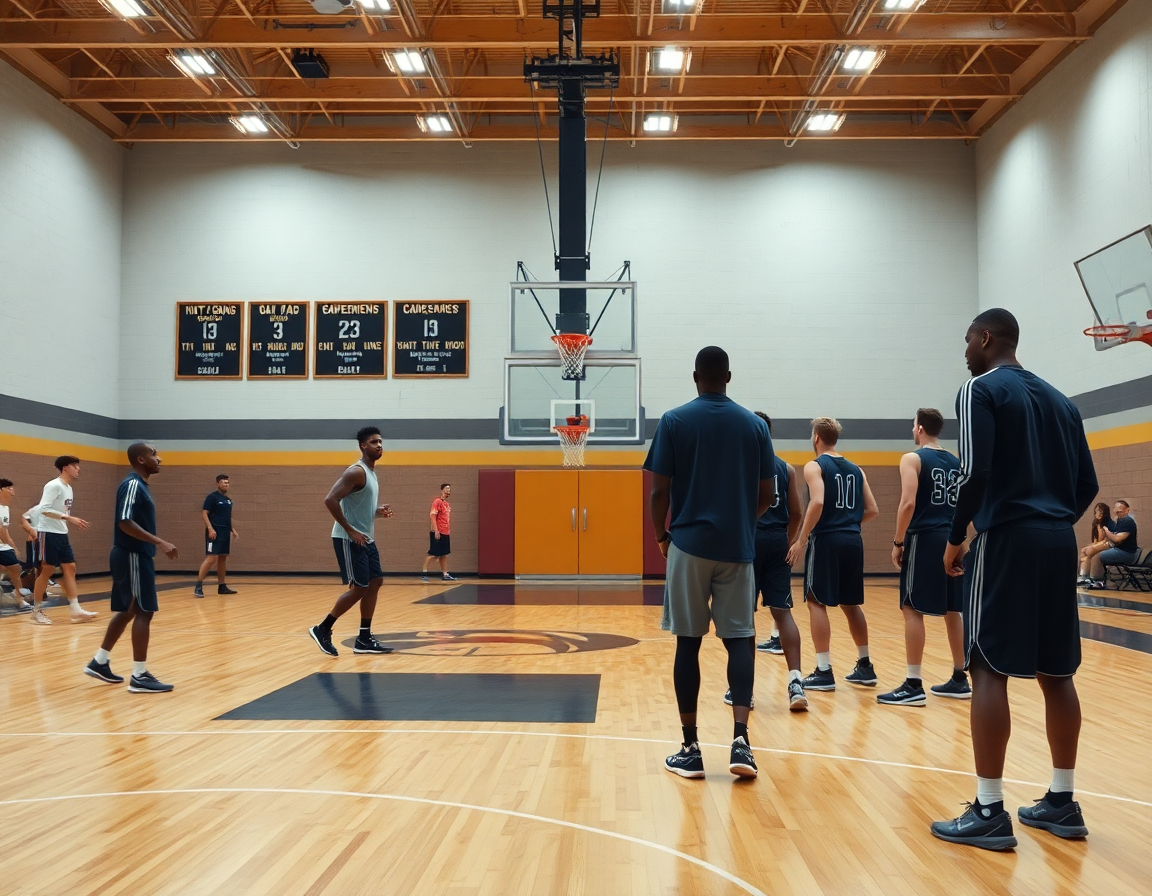 Wide shot of a hardwood basketball court during basketball practice showing players and coach executing a box-and-one setup.