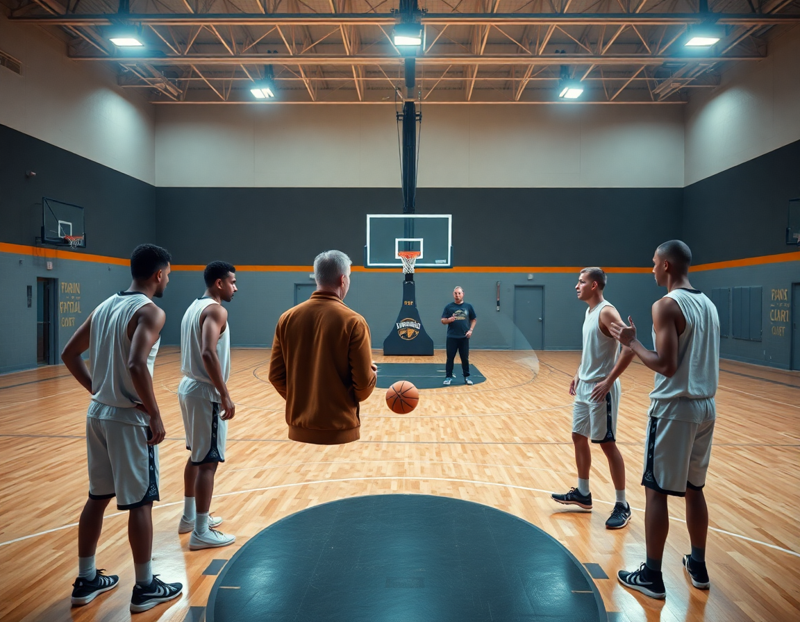 Box offense basketball drill around the paint, coach guiding players with a clipboard on the sideline.