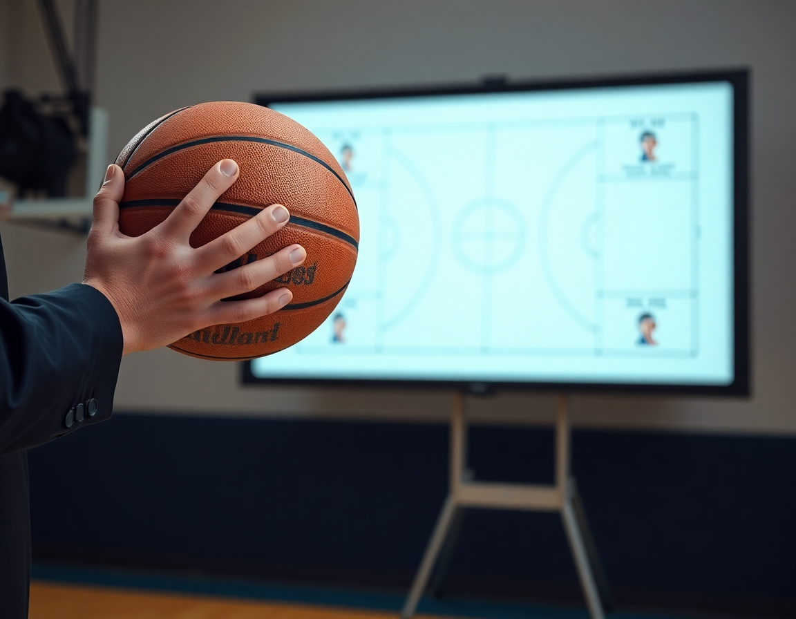 Close-up of coach hands holding basketball while whiteboard shows basketball plays for the team.