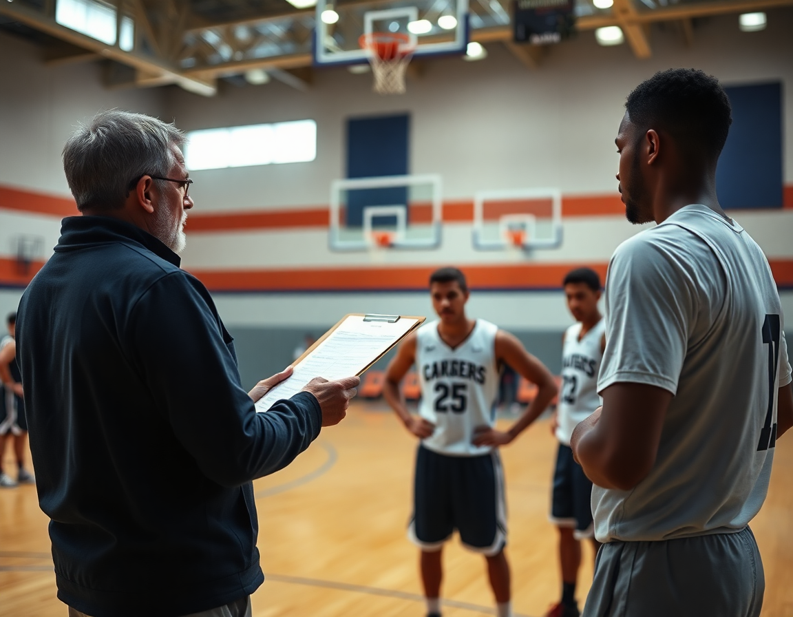 Coach with clipboard reviews basketball notes while players study basketball drills on hardwood court.