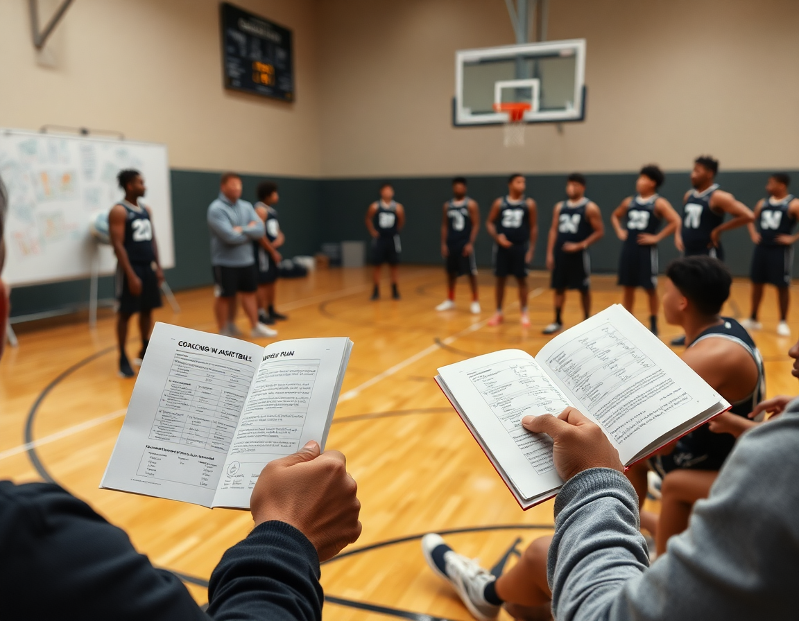 coaching basketball books guide a close-up planning moment beside the hardwood basketball court.