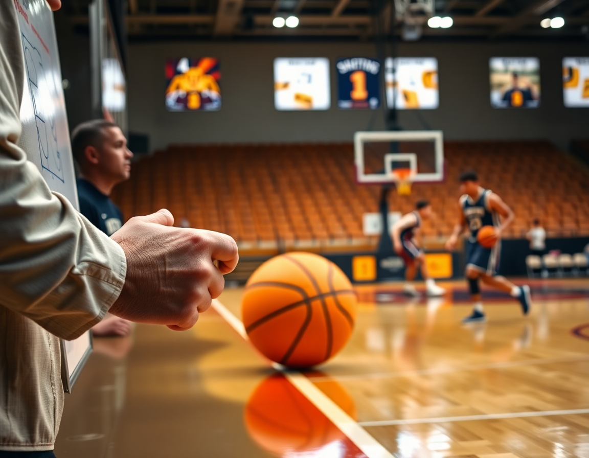 Hands use a coaching board app during a basketball drill on the court.