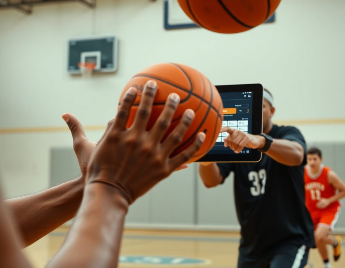 Close-up of hands catching a pass while the coaching board app guides the basketball drill.