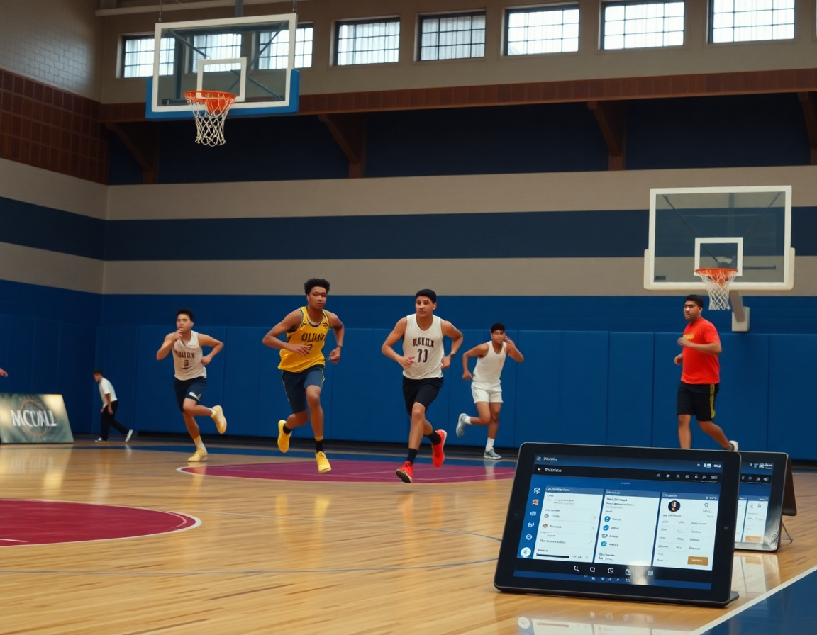 Wide sideline action with a basketball drill powered by the coaching board app.