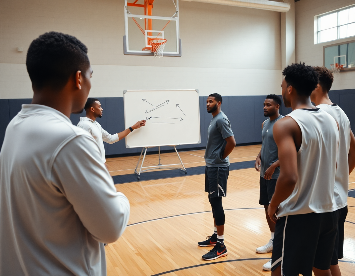 Close-up view shows a college basketball playbook pdf guiding a tight on-court drill in the gym.