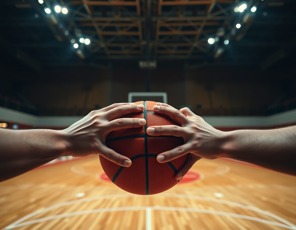College basketball scouting report close-up of hands passing a basketball on the gym floor.