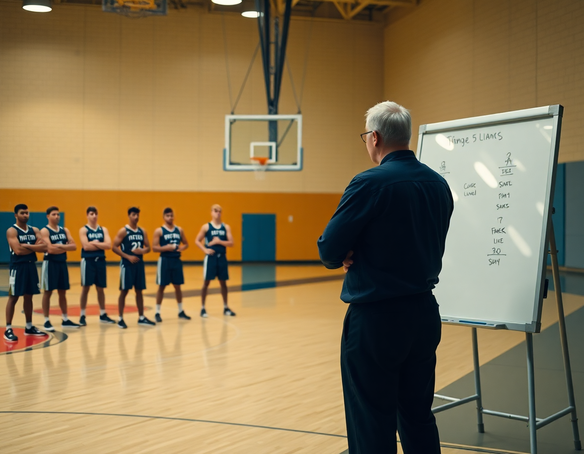 College basketball scouting report coach explains a play at the whiteboard in the gym.