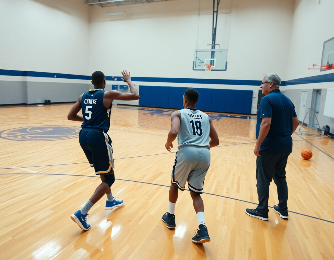 Two players execute continuous motion offense basketball near half court under bright gym lights.