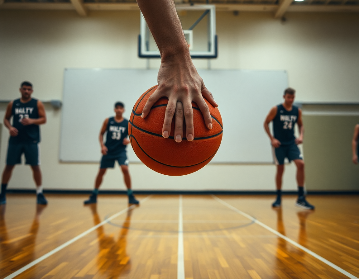 Close-up on hands and a basketball during continuous motion offense basketball drills.