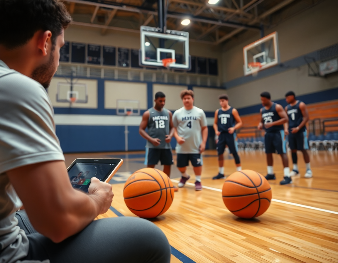 Team reviews clips on a tablet beside the hardwood as the coach explains continuous motion offense basketball plays.